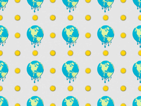 модель с плавильными шарами и солнечными знаками на сером фоне, концепция глобального потепления
