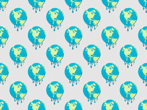 pattern with melting globes signs on grey background, global warming concept