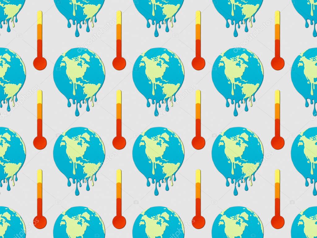 pattern with signs of melting globes and thermometers on grey background, global warming concept