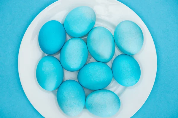 Top View Blue Easter Eggs Plate Isolated Blue — Stock Photo, Image