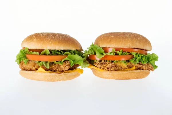 Delicious Unhealthy Chicken Burgers Isolated White — Stock Photo, Image