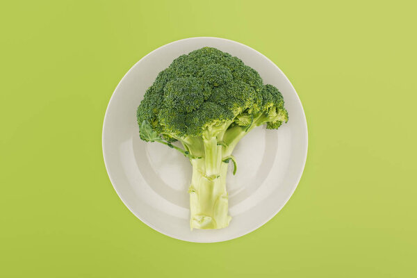 top view of organic ripe broccoli on white plate isolated on green