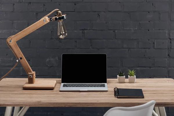 Moderne Werkplaats Met Laptop Met Leeg Scherm Planten Lamp Notitieblok — Stockfoto