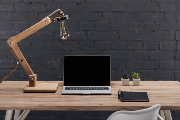 modern workplace with laptop with blank screen, plants, lamp and notebook on wooden table 