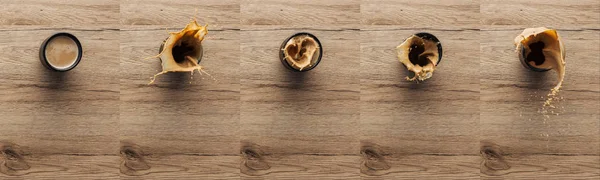 Collage Salpicadura Café Taza Sobre Mesa Madera — Foto de Stock