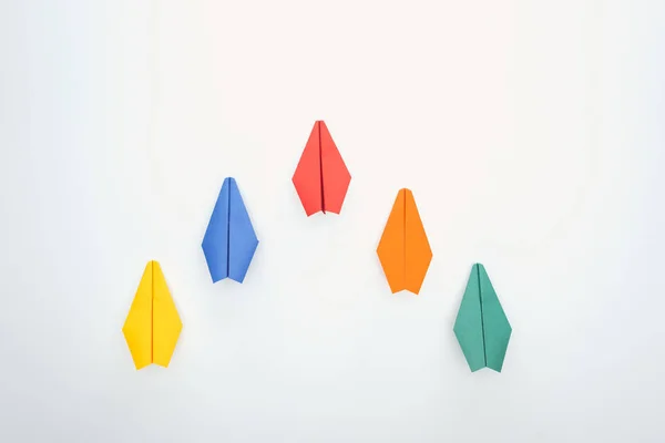 Flat Lay Colorful Paper Planes White Surface — Stock Photo, Image