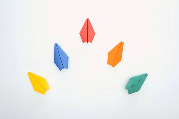 Flat Lay Colorful Paper Planes White Surface — Stock Photo, Image