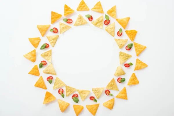 Top View Tasty Nachos Sliced Chili Peppers Basil White Background — Stock Photo, Image