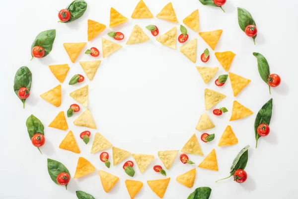 Top View Tasty Nachos Sliced Chili Peppers Basil Cherry Tomatoes — Stock Photo, Image