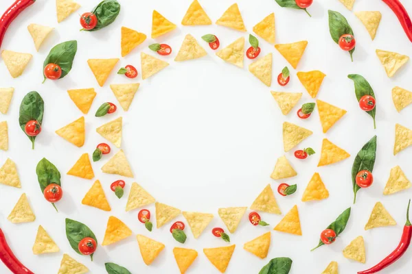 Top View Tasty Nachos Sliced Chili Peppers Basil Cherry Tomatoes — Stock Photo, Image
