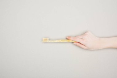 cropped view of woman holding bamboo toothbrush on grey background clipart