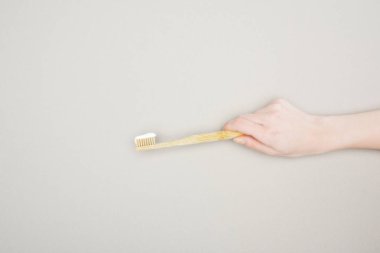cropped view of woman holding bamboo toothbrush with toothpaste on grey background clipart