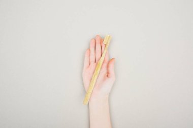 cropped view of woman holding bamboo toothbrush in palm on grey background clipart