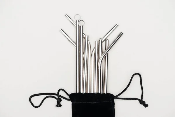 Top View Stainless Steel Straws Black Bag Isolated Grey — Stock Photo, Image