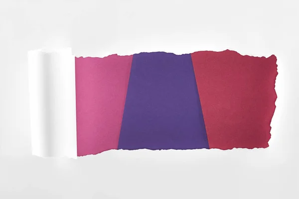Papel Blanco Texturizado Rasgado Con Borde Enrollado Sobre Fondo Color —  Fotos de Stock