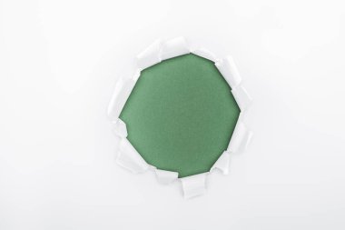 ragged hole in textured white paper on green background  clipart