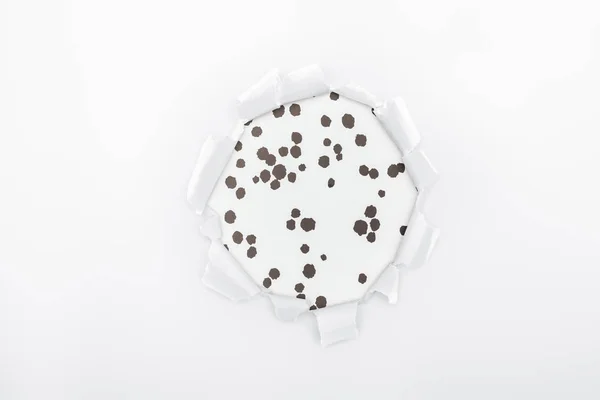 Buraco Irregular Papel Branco Texturizado Sobre Fundo Pontilhado Preto Branco — Fotografia de Stock