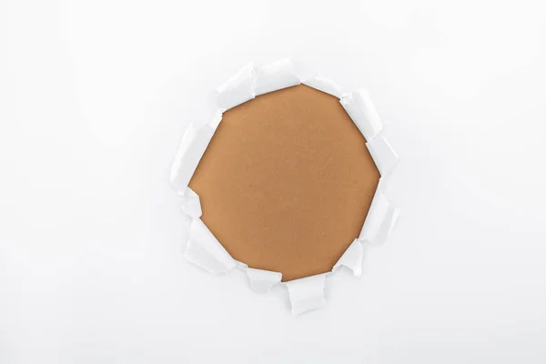 Ripped Hole White Textured Paper Brown Background — Stock Photo, Image