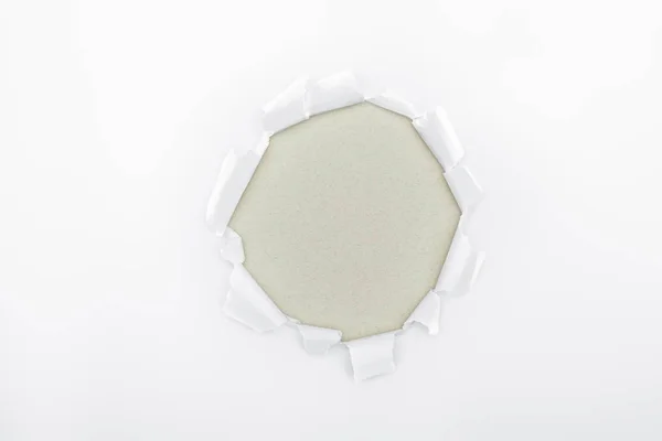 Torn Hole White Textured Paper Grey Background — Stock Photo, Image