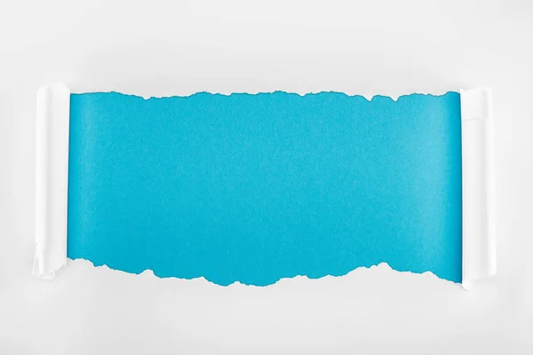 撕破的白纸与卷曲边缘在蓝色背景 — 图库照片