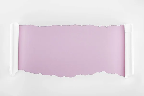 Papel Texturizado Blanco Rasgado Con Bordes Rizados Sobre Fondo Púrpura —  Fotos de Stock