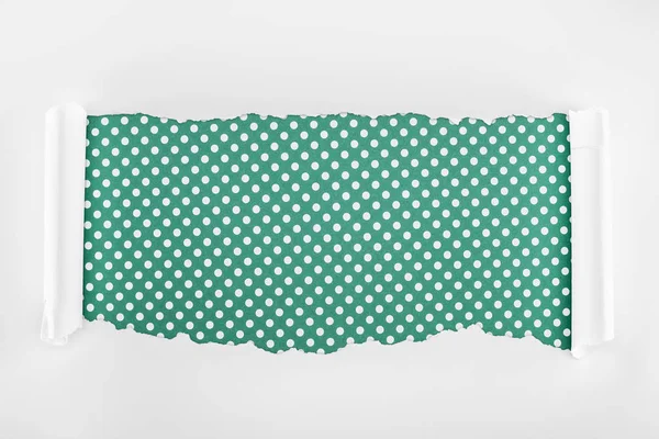 yeşil polka nokta arka planda kıvırmak kenarları ile beyaz dokulu kağıt sökük 