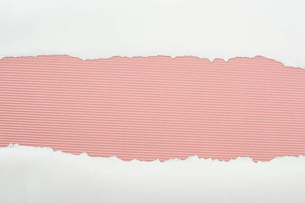 撕破的白色纹理纸与粉红色条纹背景上的复制空间 — 图库照片