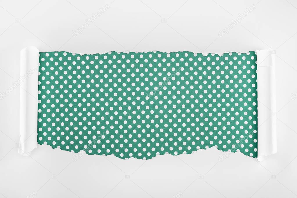 ripped white textured paper with curl edges on green polka dot background 