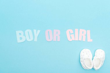 kopya alanı ile mavi arka planda patik ve erkek veya kız harflerin üst görünümü