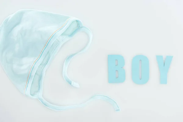 Vue Haut Bonnet Bleu Lettrage Bébé Sur Fond Blanc — Photo