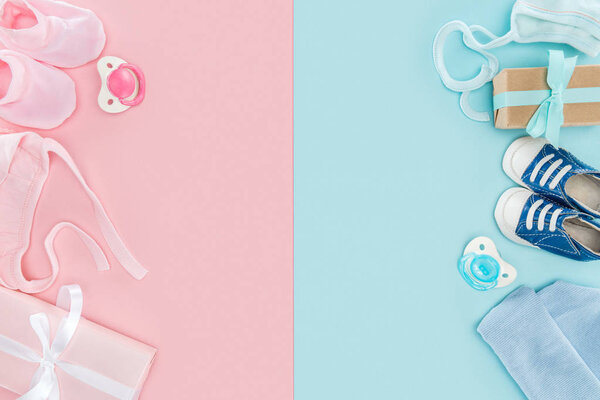 верхний вид пустышки, подарки, шляпа, ботинки, кроссовки, шляпы на розовом и синем фоне
