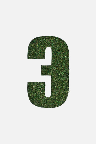 top view of cut out letter from cyrillic alphabet made of natural green grass isolated on white