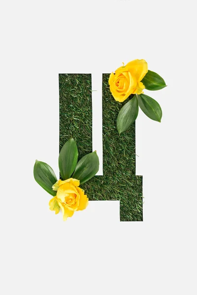 在白色上查出的由新鲜绿叶和黄玫瑰组成的草的西里尔字母的顶视图 — 图库照片