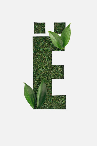 top view of cyrillic letter with green grass on background and bright leaves in corners isolated on white