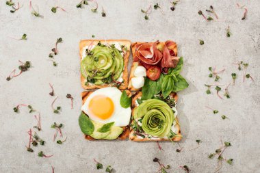 Tost ile sebze, sahanda yumurta, fesleğen ang garden cress üstten görünüm dokulu yüzeyi