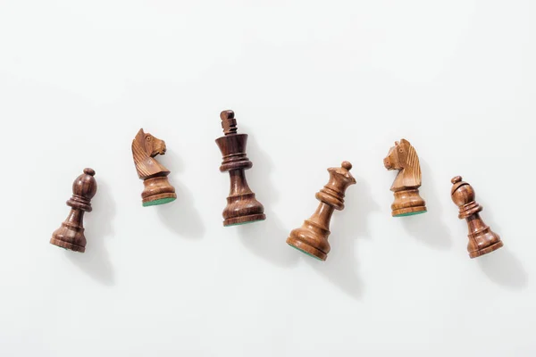 Top View Wooden Brown Chess Figures White Background — Stock Photo, Image