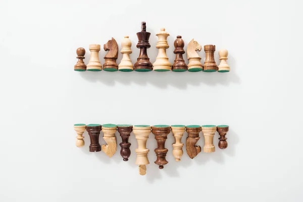 Top View Rows Made Wooden Chess Figures White Background Copy — Stock Photo, Image