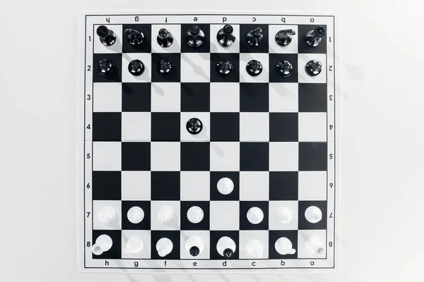 Top View Black White Chessboard Figures White Background — Stock Photo, Image