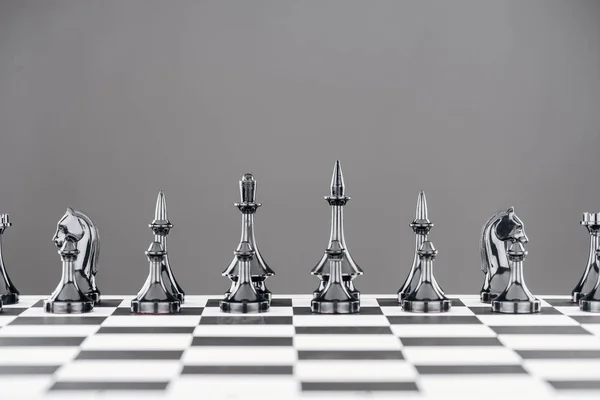 Black White Chessboard Black Chess Figures Isolated Grey — Stock Photo, Image