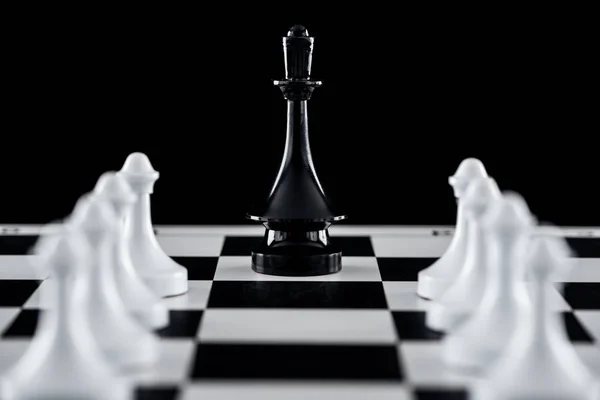 Selective Focus Chessboard Black Queen Figure White Pawns Isolated Black — Stock Photo, Image