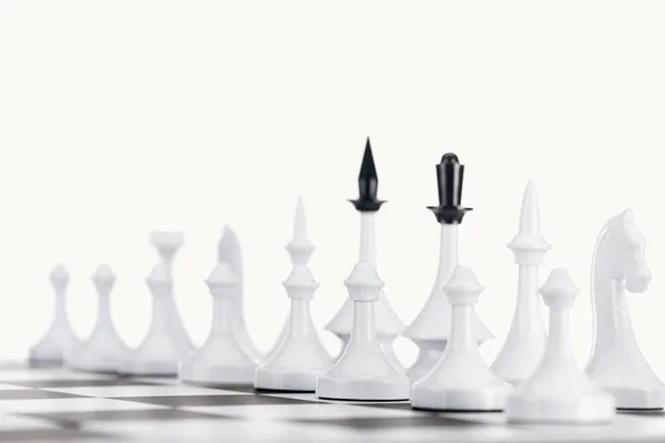 Foyer Sélectif Échiquier Avec Des Figures Échecs Isolées Sur Blanc — Photo