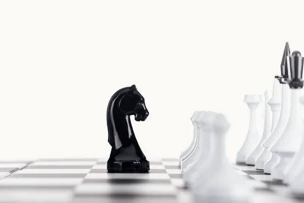 Selective Focus Chessboard White Chess Figures Black Knight Isolated White — Stock Photo, Image