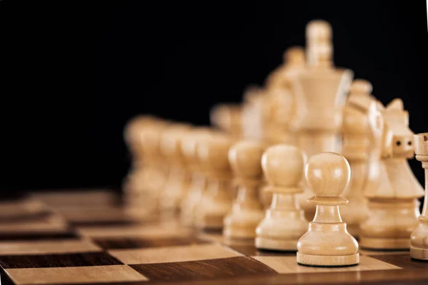 Selective Focus Beige Brown Wooden Chessboard Chess Figures Isolated Black — Stock Photo, Image