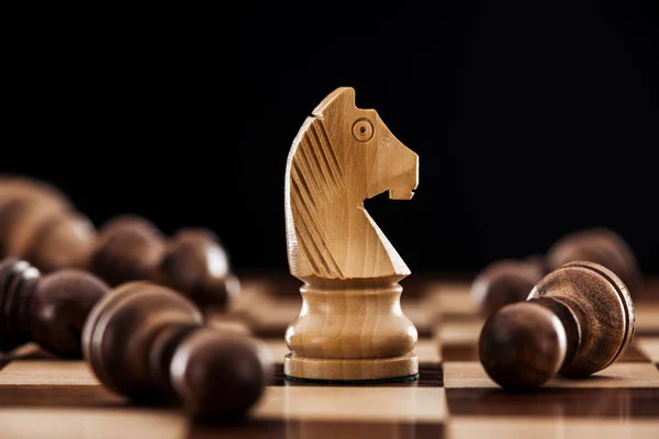 Close Chessboard Scattered Wooden Figures Knight Isolated Black — Stock Photo, Image