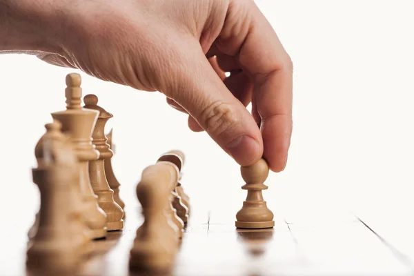 Cropped View Man Doing Move Beige Pawn Wooden Chessboard Isolated — Stock Photo, Image