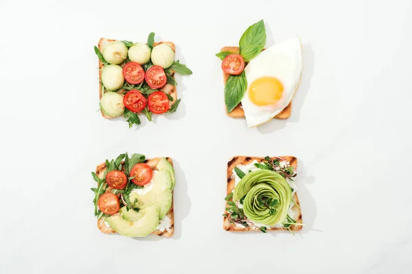 Top View Toasts Cut Vegetables Prosciutto White Surface — Stock Photo, Image