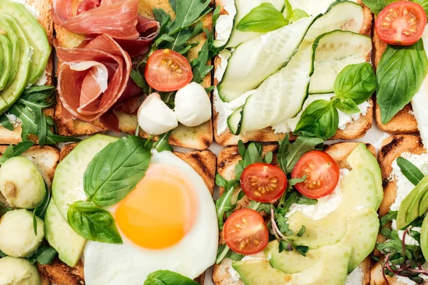 Top View Toasts Cut Vegetables Prosciutto — Stock Photo, Image