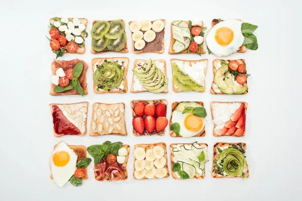 Top View Toasts Cut Fruits Vegetables Peanuts White — Stock Photo, Image