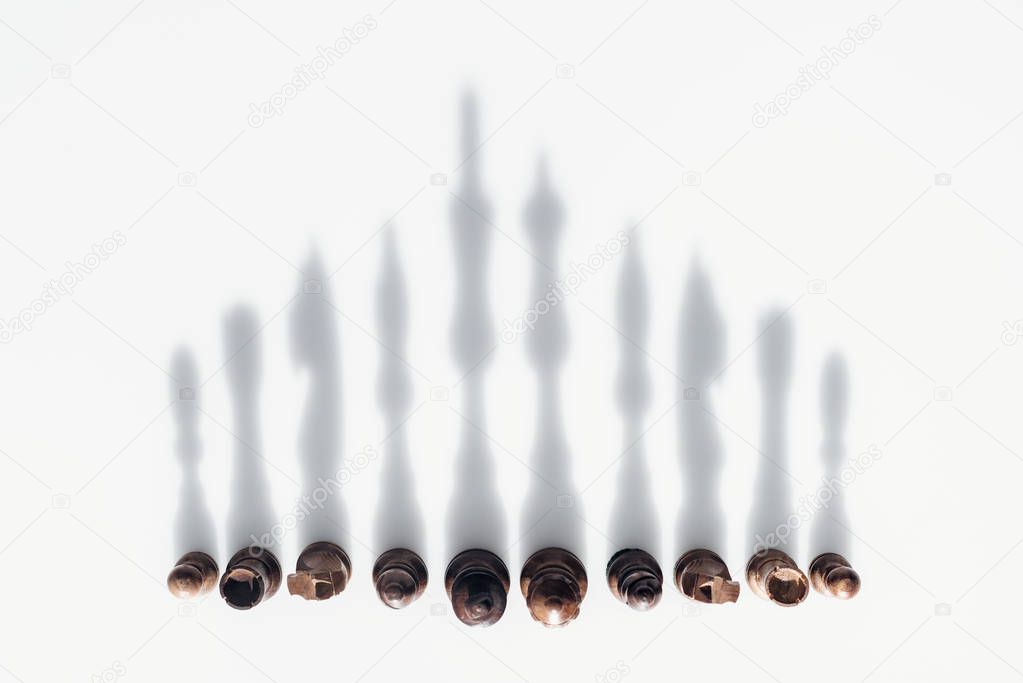 top view of chess figures in row with shadows on white background