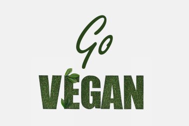top view of green go vegan lettering with leaves isolated on white clipart